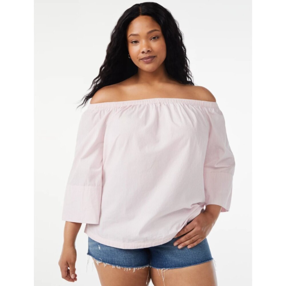 Free Assembly Pink & White Striped Off The Shoulder Top L